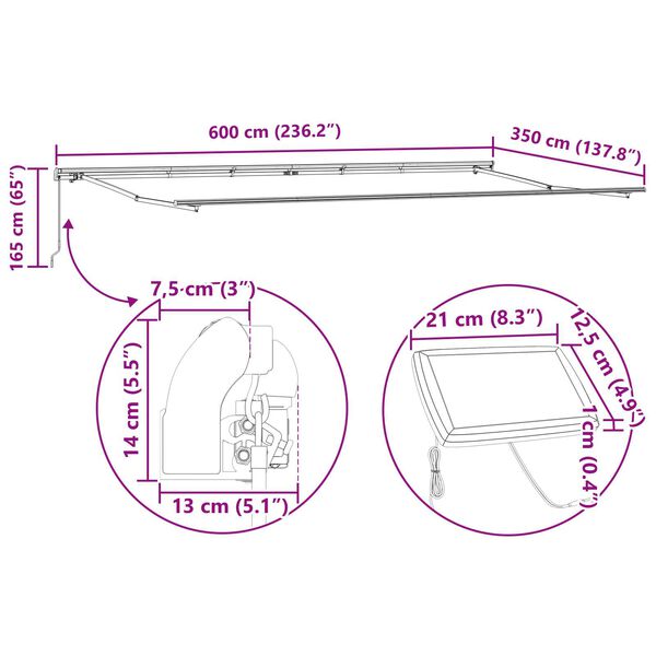 vidaXL Τέντα Συρόμενη Χειροκίνητη με LED Πορτοκαλί/Καφέ 600 x 350 εκ.