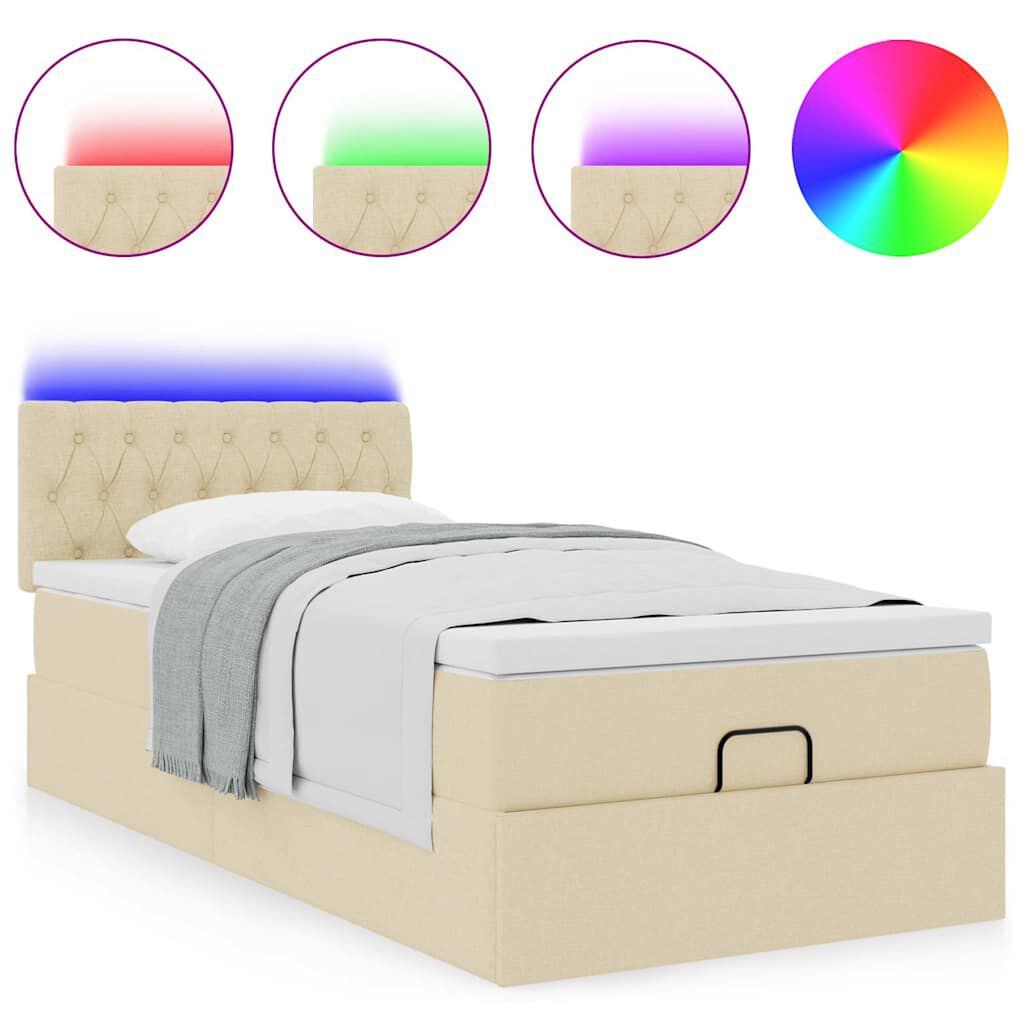 vidaXL Οθωμανικό κρεβάτι με στρώμα & LEDs Cream 90x200 cm Ύφασμα
