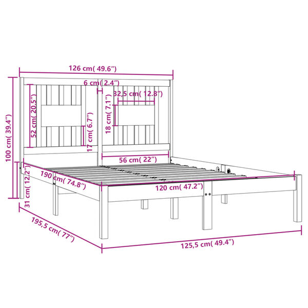vidaXL Πλαίσιο Κρεβατιού 120 x 190 εκ. από Μασίφ Ξύλο Small Double