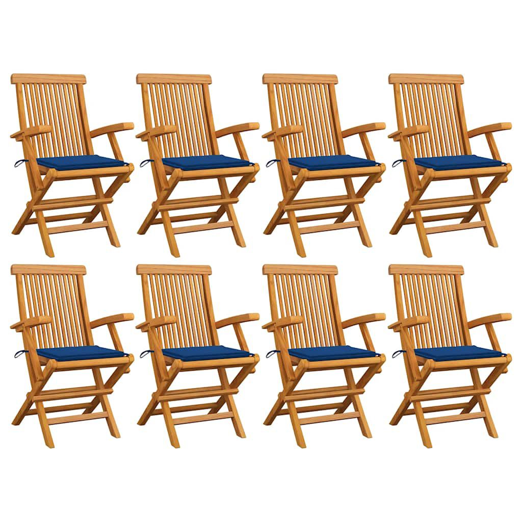 vidaXL Καρέκλες Κήπου 8 τεμ από Μασίφ Ξύλο Teak με Μπλε Ρουά Μαξιλάρια