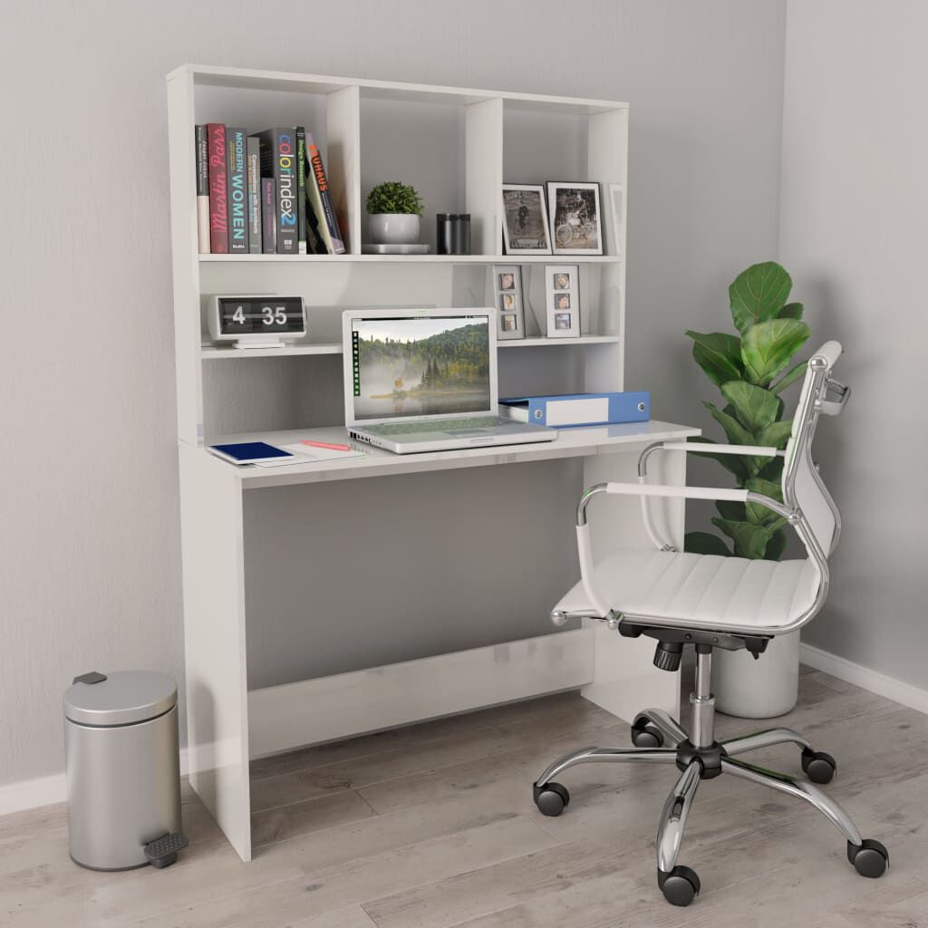vidaXL Γραφείο με Ράφια Γυαλιστερό Λευκό 110x45x157 εκ. Μοριοσανίδα