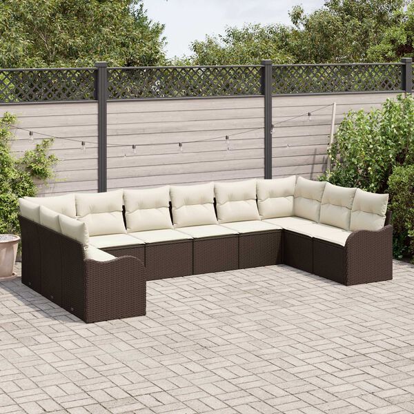 vidaXL Σετ Καναπέ Κήπου με μαξιλάρι 10 pcs Καφέ και λευκό Πολυ ράταν