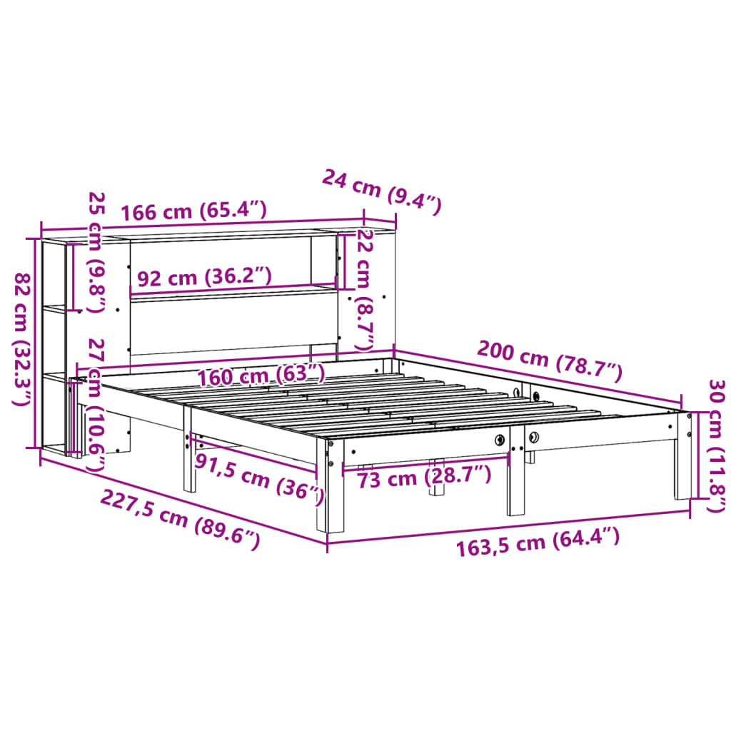 vidaXL Κρεβάτι Βιβλιοθήκη Χωρίς Στρώμα 160x200 εκ Μασίφ Ξύλο Πεύκου