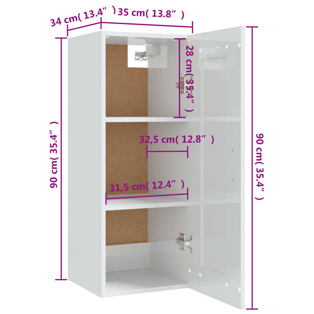 vidaXL Ντουλάπι Κρεμαστό Γυαλ. Λευκό 35x34x90 εκ. Επεξεργασμένο Ξύλο