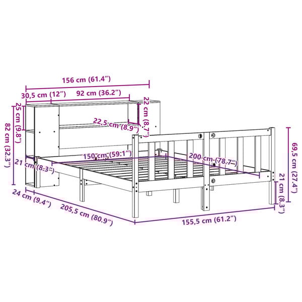 vidaXL Κρεβάτι Βιβλιοθήκη Χωρίς Στρώμα 150x200 εκ Μασίφ Ξύλο Πεύκου