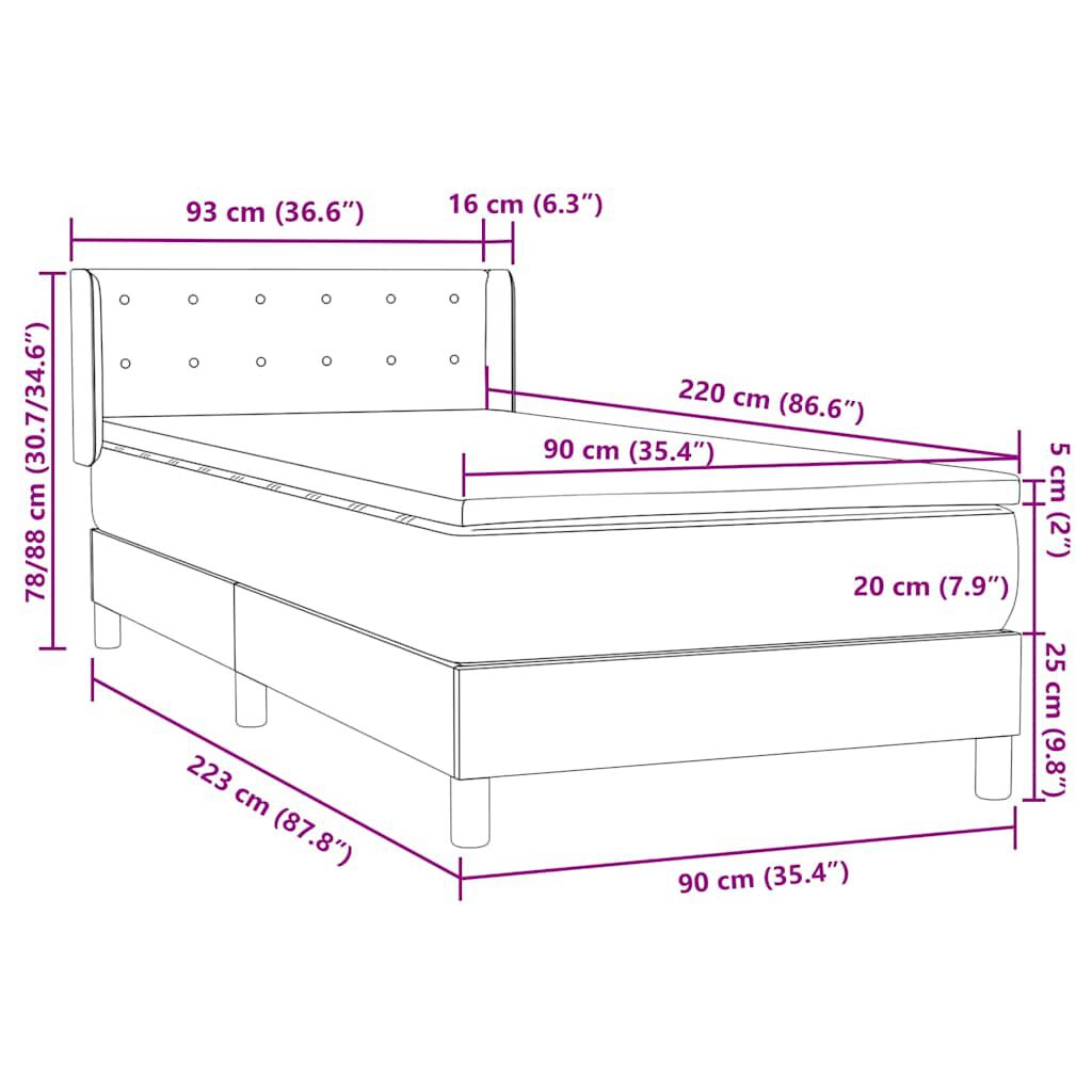 vidaXL Κρεβάτι Boxspring με Στρώμα Σκούρο Γκρι 90x220 εκ. Βελούδινο