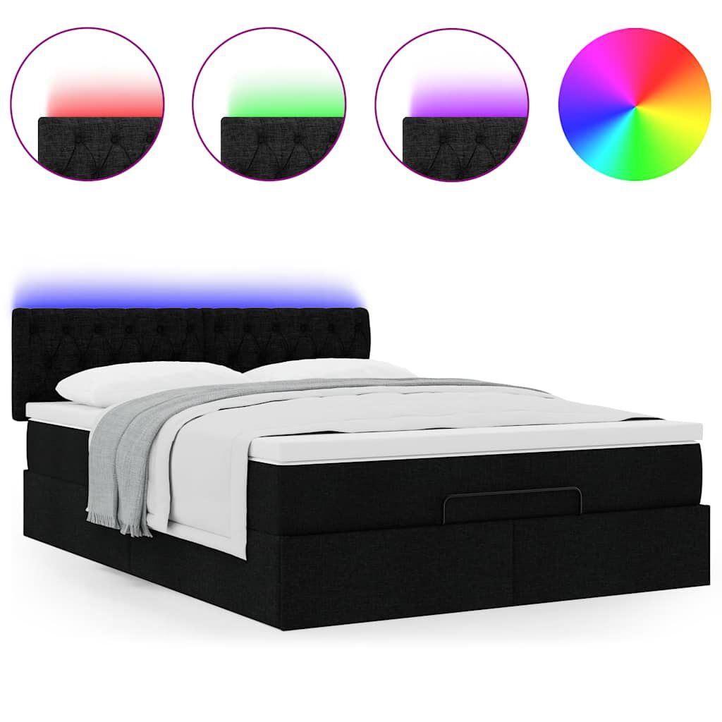 vidaXL Οθωμανικό κρεβάτι με στρώμα & LEDs Μαύρο 140x190 cm Ύφασμα