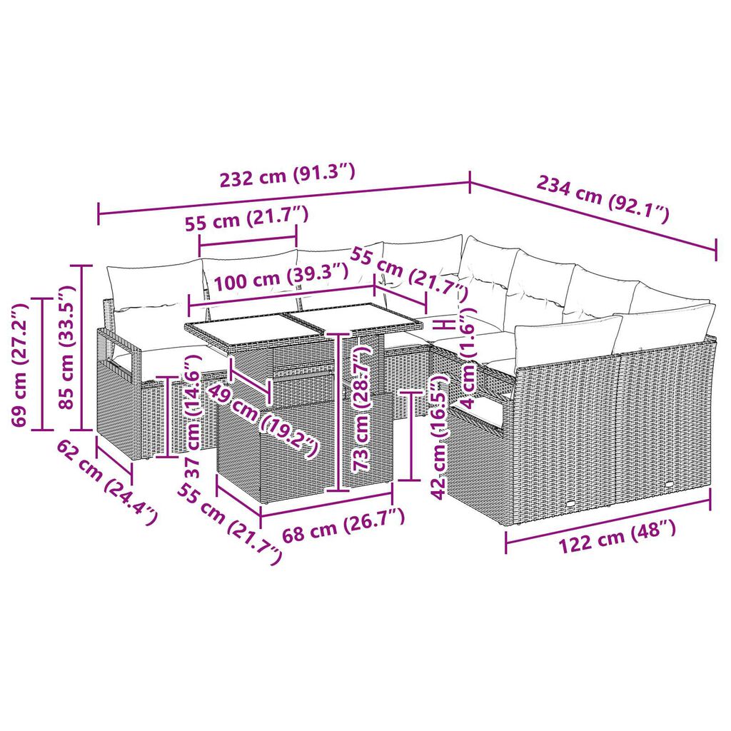 vidaXL Σετ Καναπέ Κήπου με αποθήκευση 9 pcs Μπεζ Πολυ ράταν