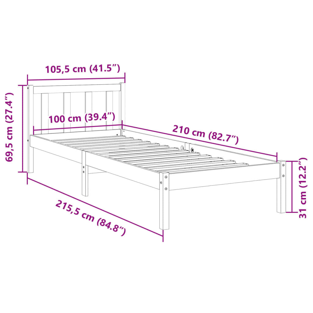 vidaXL Πλαίσιο Κρεβατιού Μακρύ Χωρίς Στρώμα 100x210 εκ Μασίφ Πεύκο
