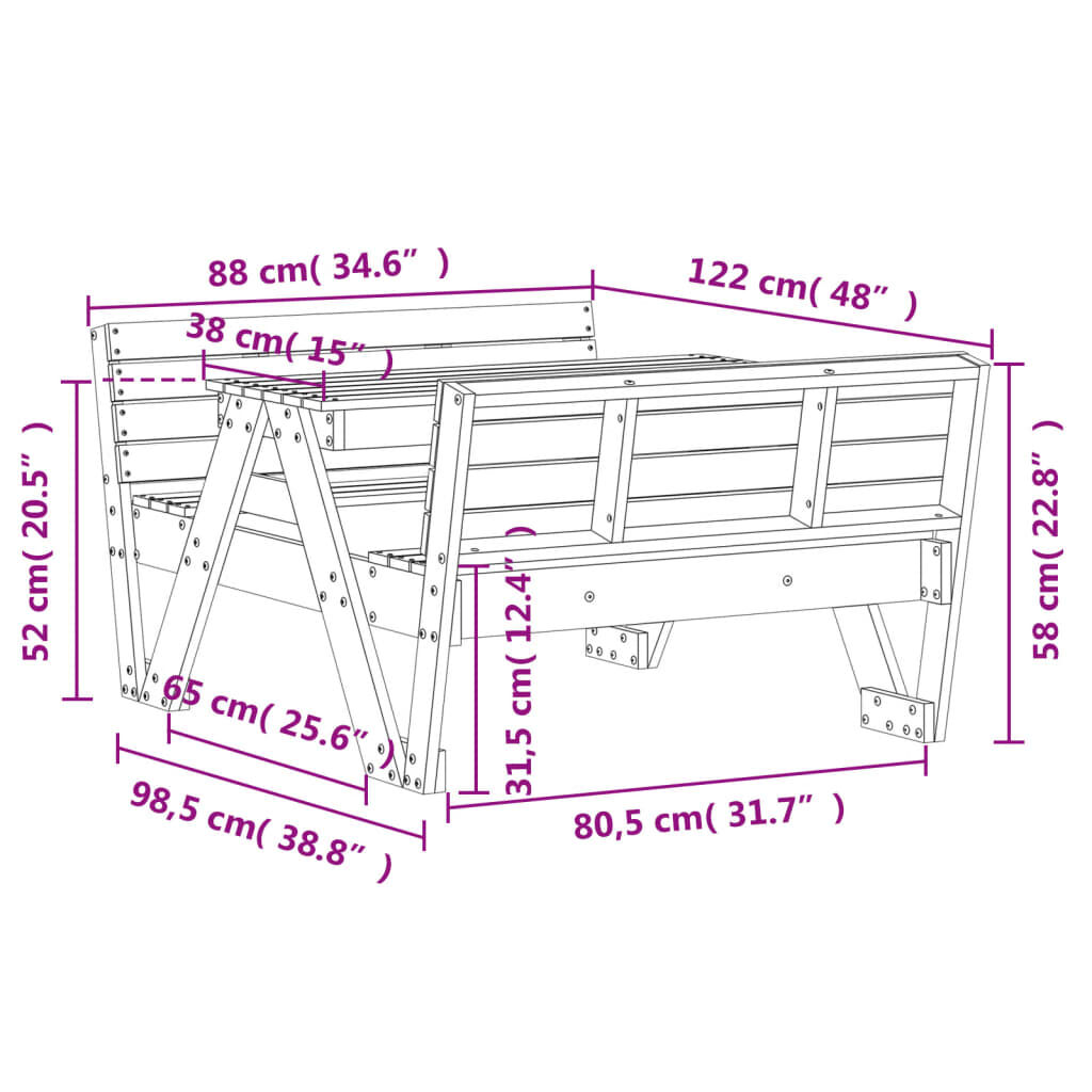 vidaXL Τραπέζι Πικνίκ για Παιδιά 88x122x58 εκ. Καφέ Μασίφ Ξύλο Πεύκου