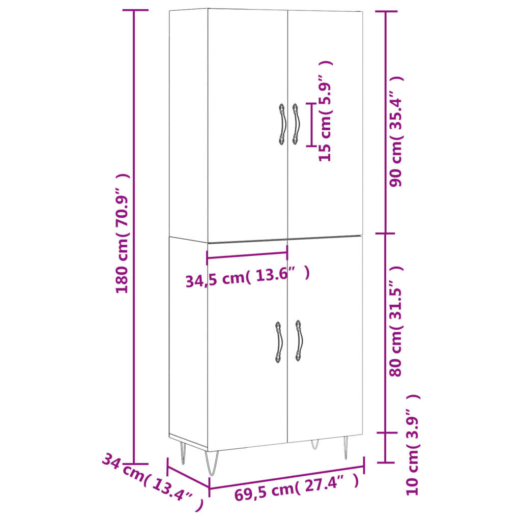 vidaXL Ντουλάπι Μαύρο 69,5x34x180 εκ. από Επεξεργασμένο Ξύλο