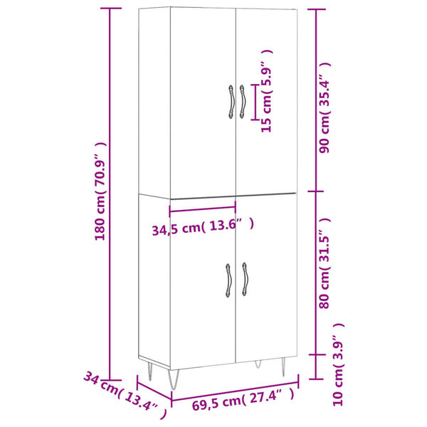 vidaXL Ντουλάπι Μαύρο 69,5x34x180 εκ. από Επεξεργασμένο Ξύλο