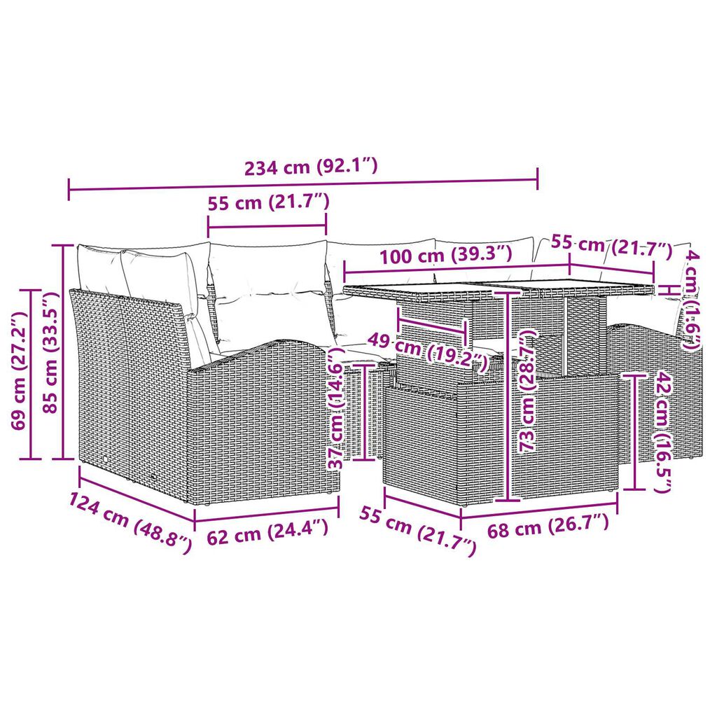 vidaXL Σετ Καναπέ Κήπου 7 pcs Ανοιχτό γκρι 100 x 55 x 73 εκ Πολυ ράταν