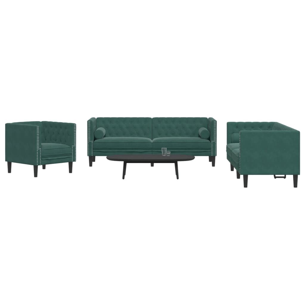 vidaXL Καναπές Chesterfield 3τεμαχίων μαξιλάρια σκούρο πράσινο βελούδο