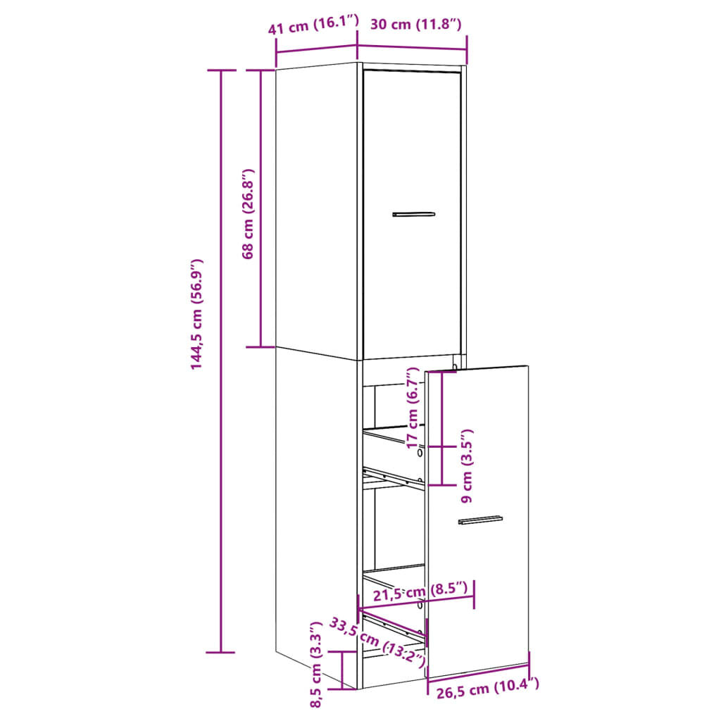 vidaXL Συρταριέρα Γενικής Χρήσης Μαύρο 30 x 41 x 144,5 εκ. Επεξ. Ξύλο