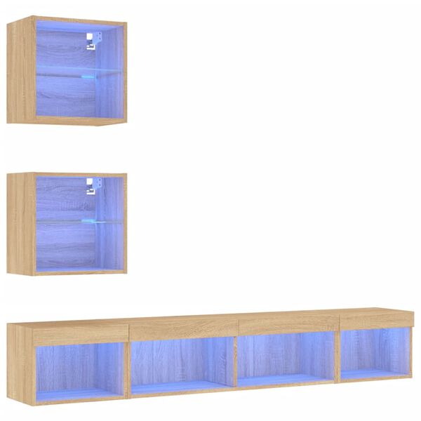 vidaXL Έπιπλα Τοίχου Τηλεόρασης 5 τεμ. LED Sonoma Δρυς από Επεξ. Ξύλο