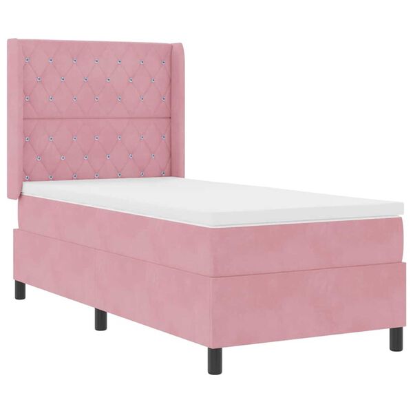 vidaXL Κρεβάτι Box Spring LED με Στρώμα Argyle Ροζ 90 x 190 cm Βελούδο