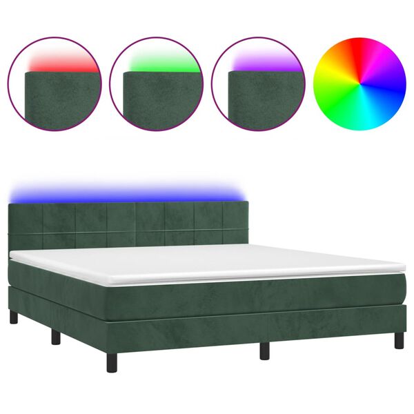 vidaXL Κρεβάτι Boxspring με Στρώμα & LED Σκ. Πράσινο 180x200εκ Βελούδο