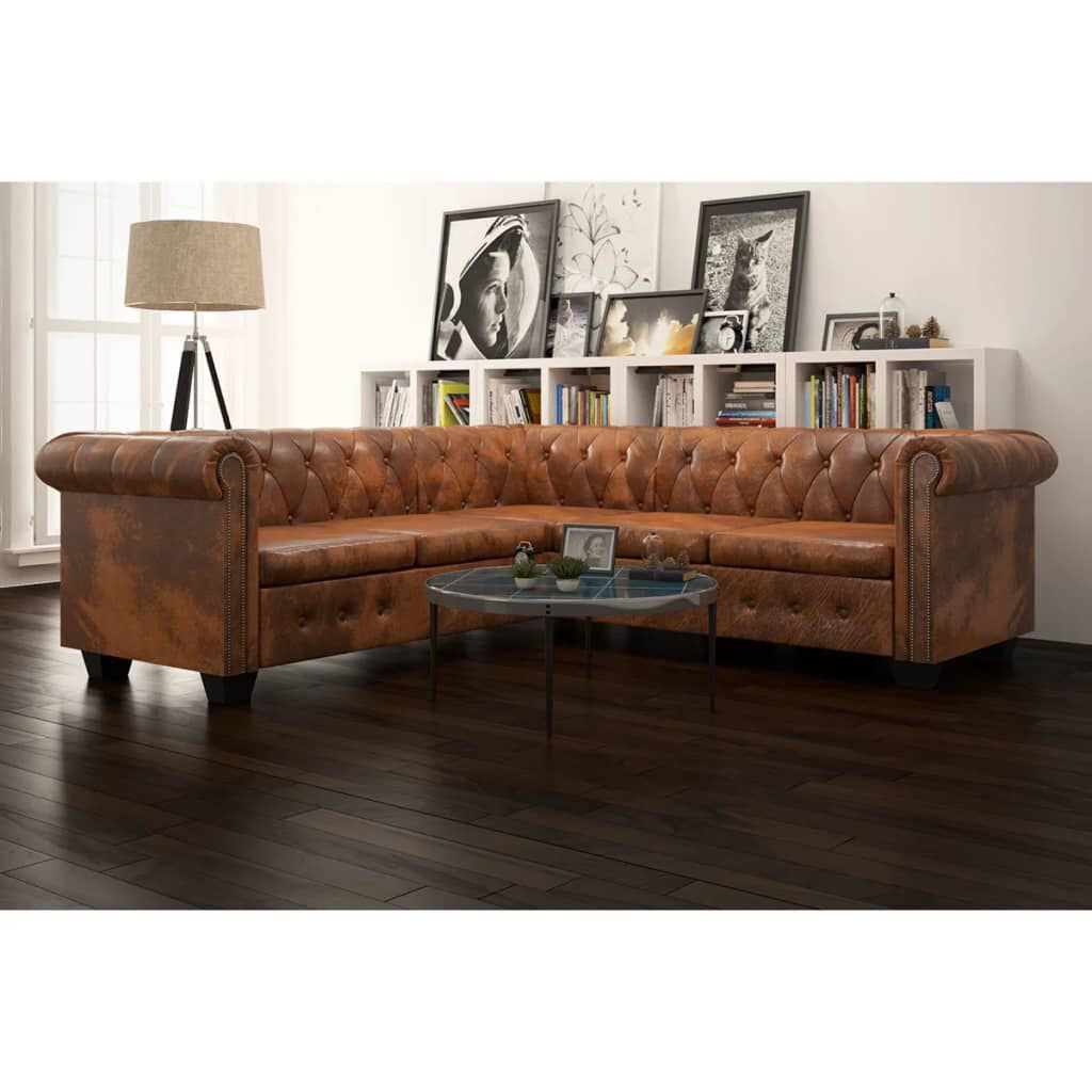 vidaXL Καναπές Γωνιακός Πενταθέσιος Chesterfield Καφέ Συνθετικό Δέρμα