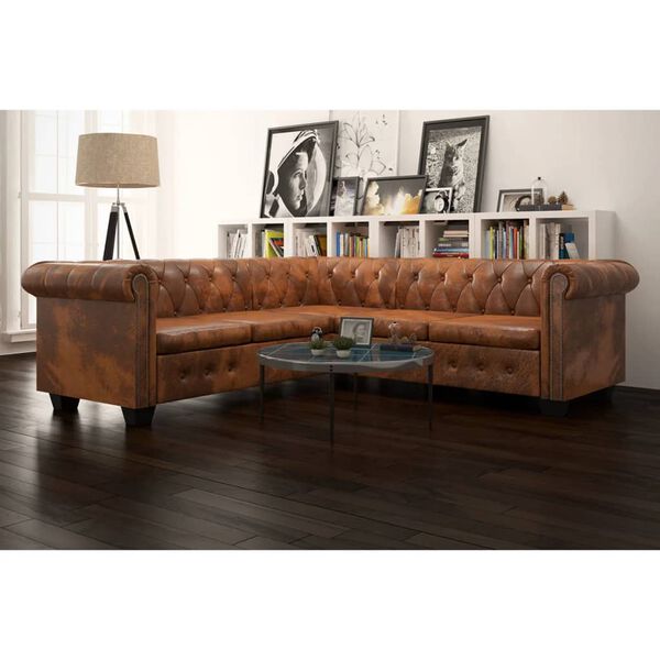 vidaXL Καναπές Γωνιακός Πενταθέσιος Chesterfield Καφέ Συνθετικό Δέρμα