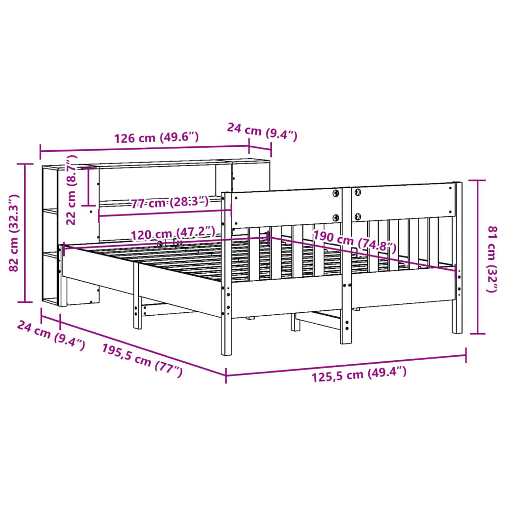 vidaXL Κρεβάτι Βιβλιοθήκη Χωρίς Στρώμα 120x190 εκ Μασίφ Ξύλο Πεύκου