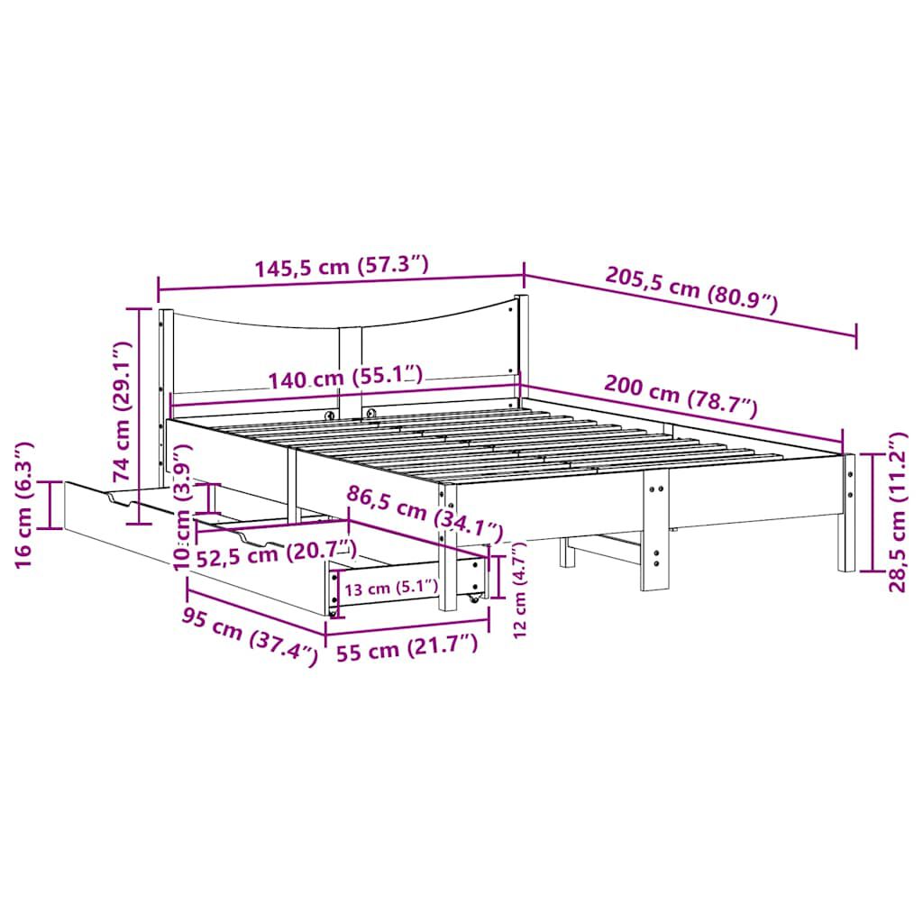 vidaXL Πλαίσιο Κρεβατιού με Συρτάρια 140x200 εκ Μασίφ Ξύλο Πεύκο