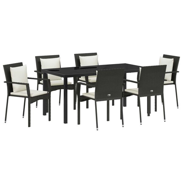 vidaXL Σέτ φαγητού για κήπο με μαξιλάρι 7 pcs Μαύρο Πολυ ράταν