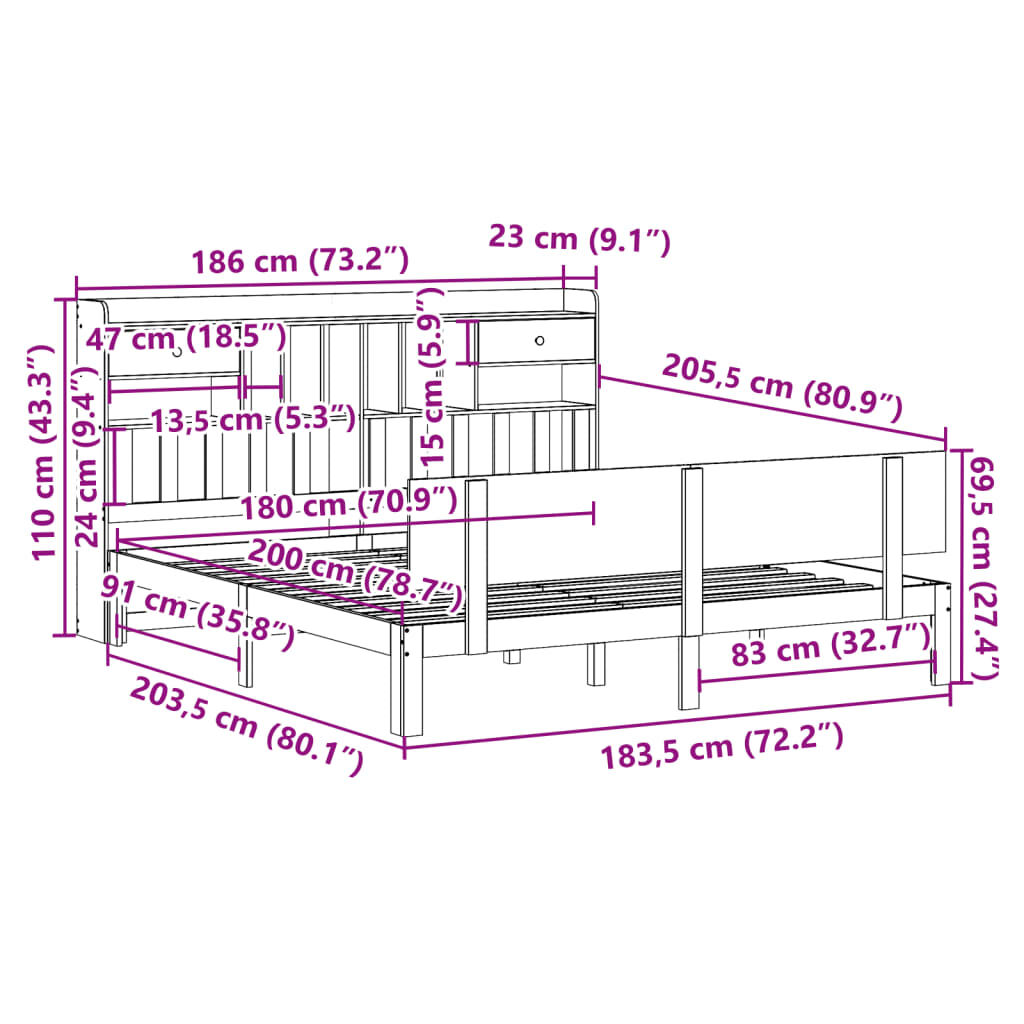 vidaXL Κρεβάτι Βιβλιοθήκη Χωρίς Στρώμα 180x200 εκ Μασίφ Ξύλο Πεύκου