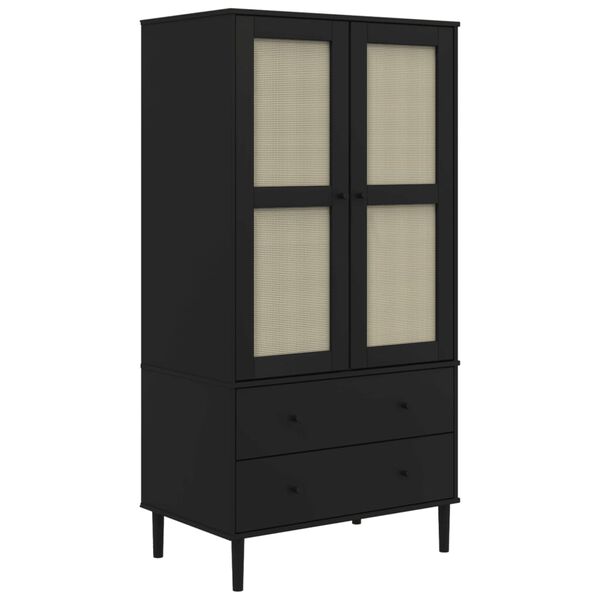 vidaXL Ντουλάπα SENJA Μαύρο / Ρατάν 90 x 55 x 175εκ. Μασίφ Ξύλο Πεύκου