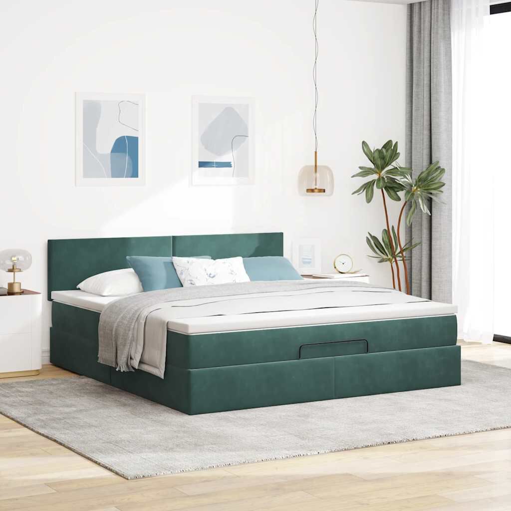 vidaXL Οθωμανικό κρεβάτι με στρώμα & LEDs Dark Green 160x200cm Velvet
