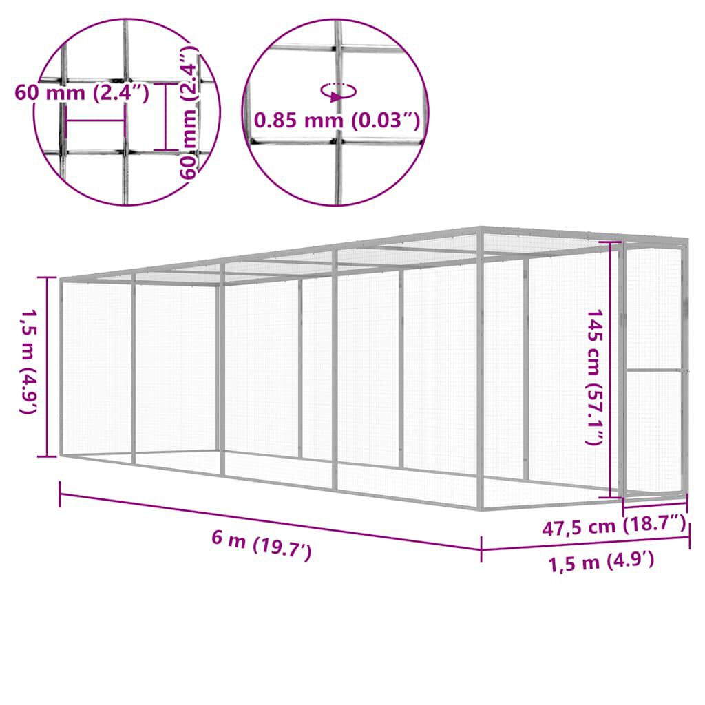 vidaXL Κλουβί Γάτας 6 x 1,5 x 1,5 μ. από Γαλβανισμένο Χάλυβα