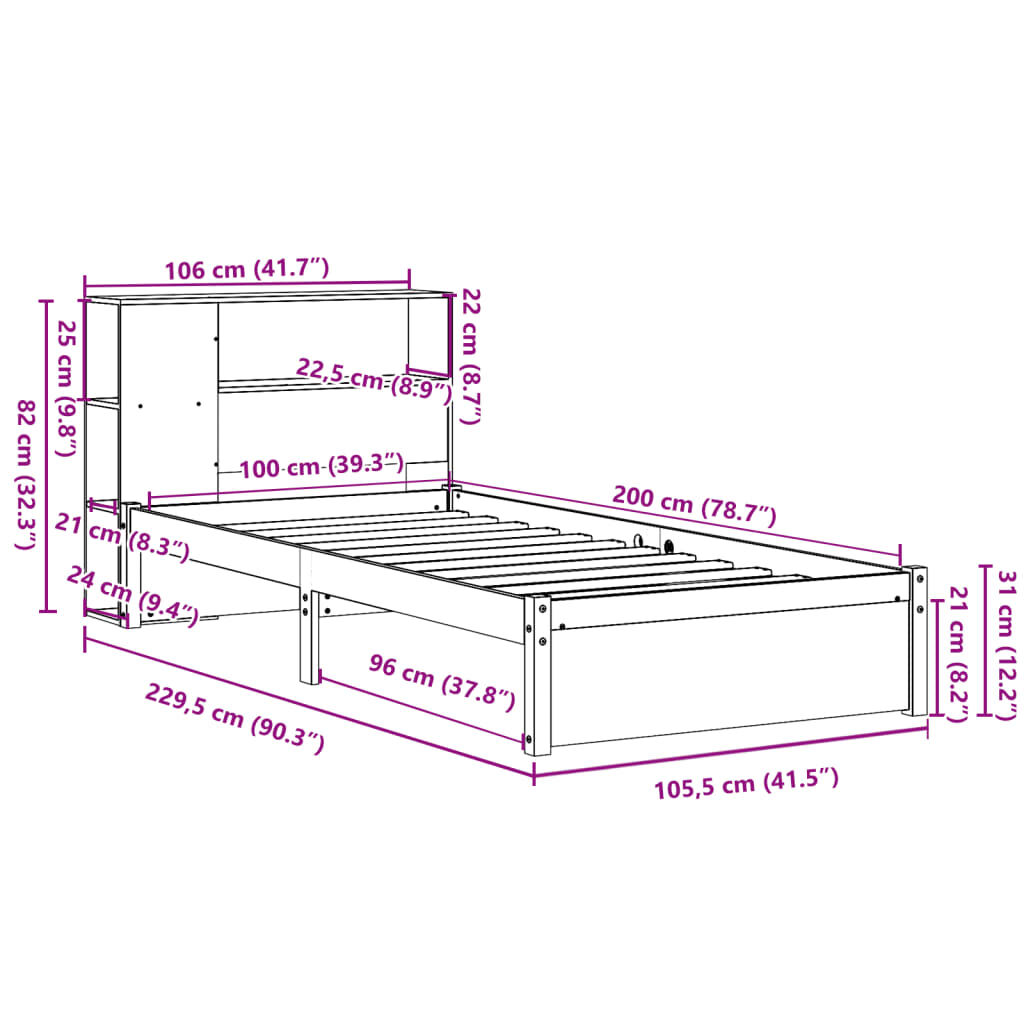 vidaXL Κρεβάτι Βιβλιοθήκη Χωρίς Στρώμα 100x200 εκ. Μασίφ Ξύλο Πεύκο