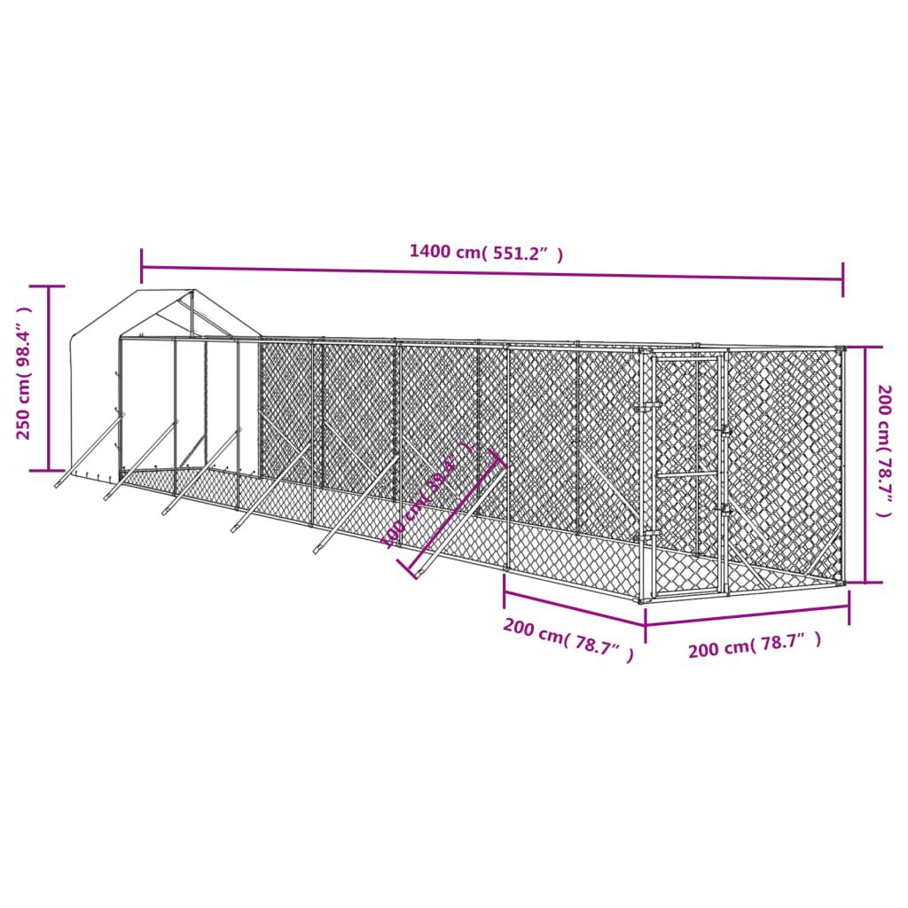vidaXL Κλουβί Σκύλου Εξ. Χώρου με Οροφή Ασημί 2x14x2,5 μ. Γαλβ. Ατσάλι