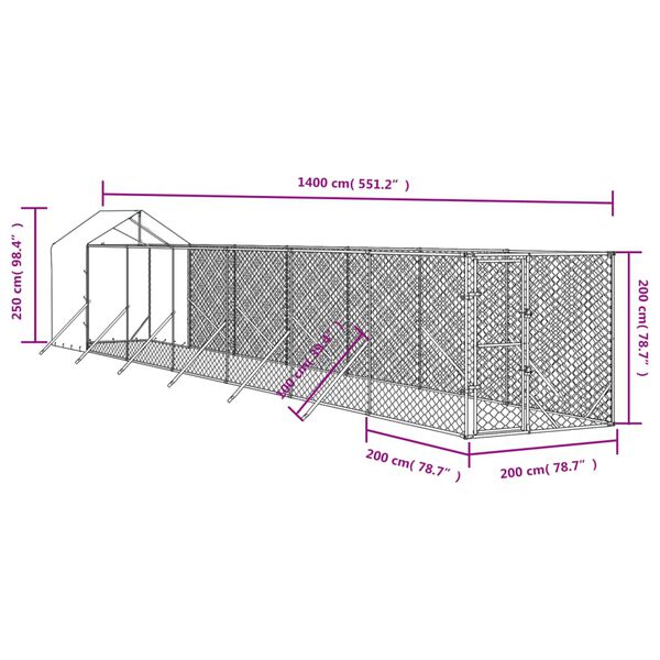 vidaXL Κλουβί Σκύλου Εξ. Χώρου με Οροφή Ασημί 2x14x2,5 μ. Γαλβ. Ατσάλι