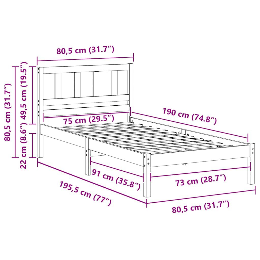 vidaXL Σκελετός Κρεβατιού Καφέ 75 x 190 cm Μασίφ ξύλο πεύκου