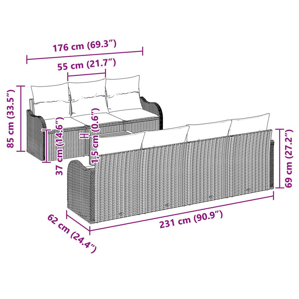 vidaXL Σετ Καναπέ Κήπου 8 pcs Μαύρο Πολυ ράταν