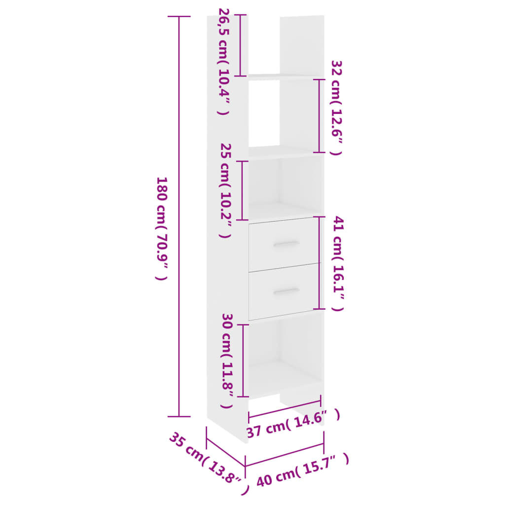vidaXL Βιβλιοθήκη Λευκή 40 x 35 x 180 εκ. από Επεξ. Ξύλο