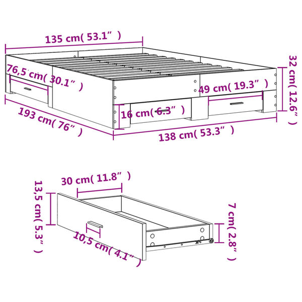 vidaXL Πλαίσιο Κρεβατιού με συρτάρια Καφέ Δρυς 135x190εκ. Επεξ. Ξύλο