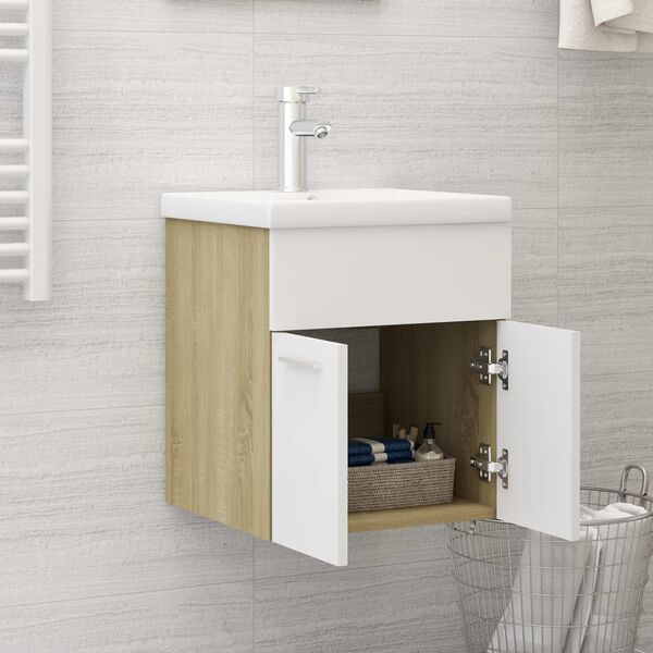vidaXL Ντουλάπι Νιπτήρα Λευκό/Sonoma Δρυς 41x38,5x46 εκ από Επεξ. Ξύλο