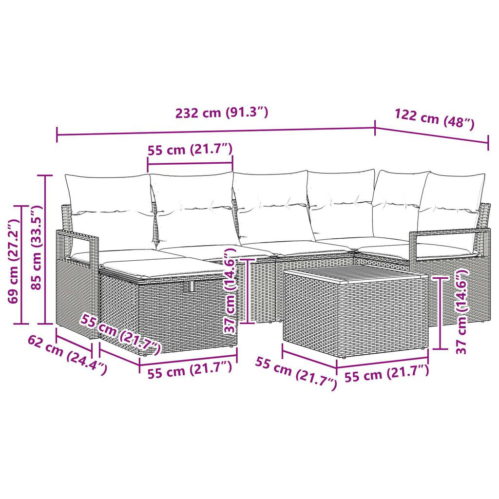 vidaXL Σετ Καναπέ Κήπου με μαξιλάρι 7 pcs Μπεζ Πολυ ράταν