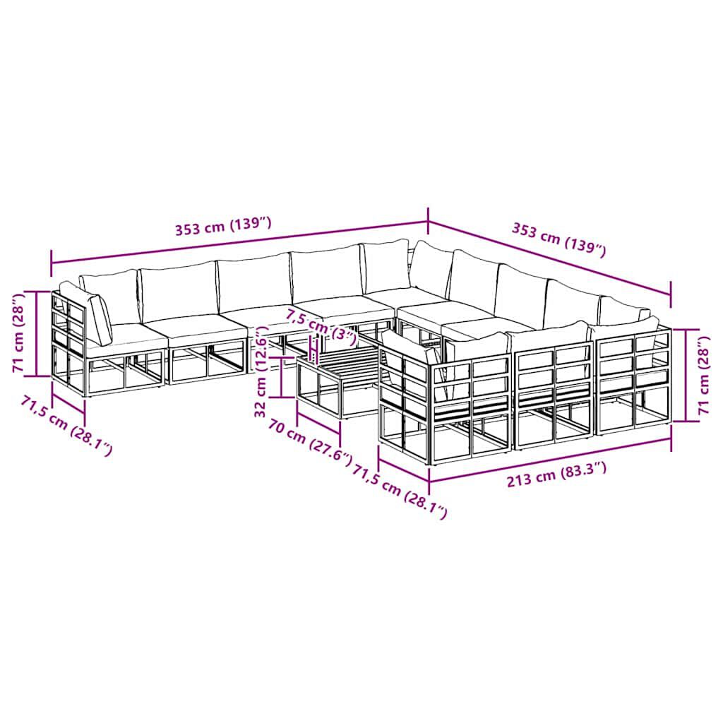 vidaXL Σετ Καναπέ Κήπου με μαξιλάρι 12 pcs Μαύρο Αλουμίνιο