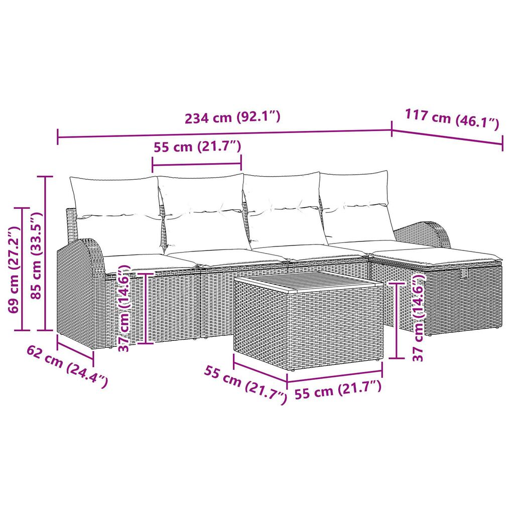 vidaXL Σετ Καναπέ Κήπου με μαξιλάρι 6 pcs Μαύρο Πολυ ράταν