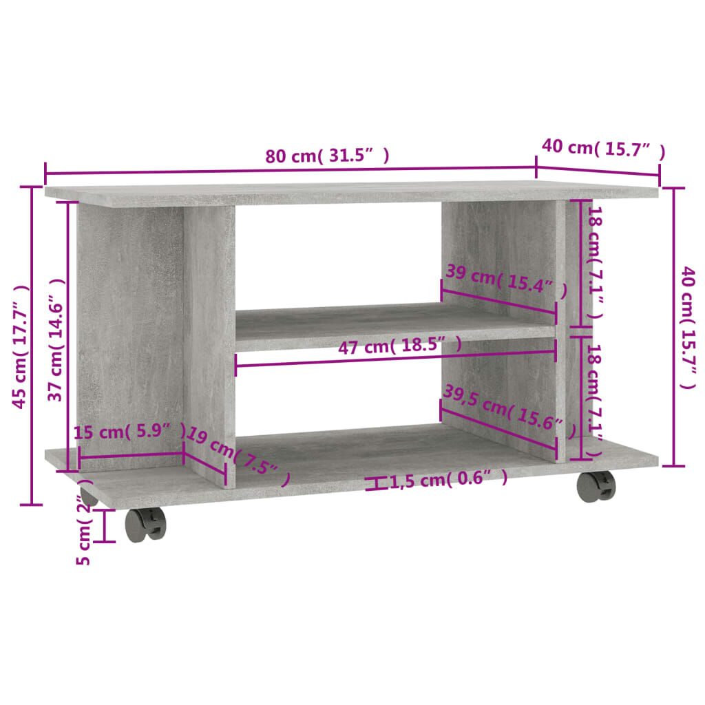 vidaXL Έπιπλο TV με Ρόδες Γκρι Σκυροδέματος 80x40x45 εκ. Επεξ. Ξύλο