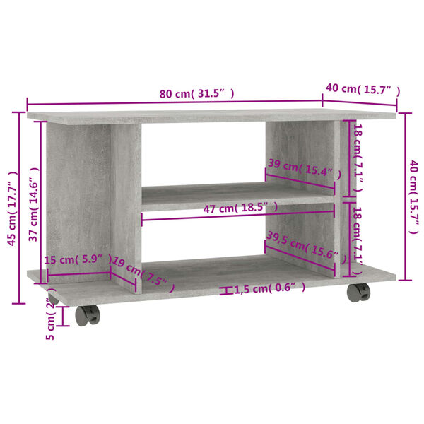 vidaXL Έπιπλο TV με Ρόδες Γκρι Σκυροδέματος 80x40x45 εκ. Επεξ. Ξύλο