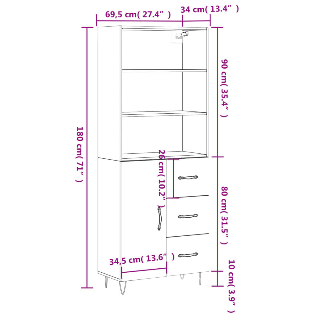 vidaXL Ντουλάπι Μαύρο 69,5x34x180 εκ. από Επεξεργασμένο Ξύλο