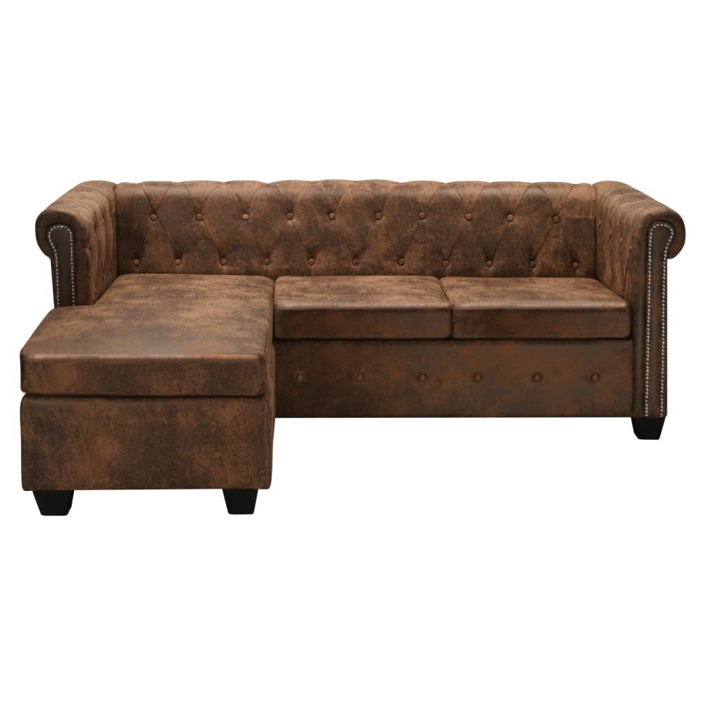 vidaXL Καναπές Chesterfield Γωνιακός Καφέ από Συνθετικό Καστόρι