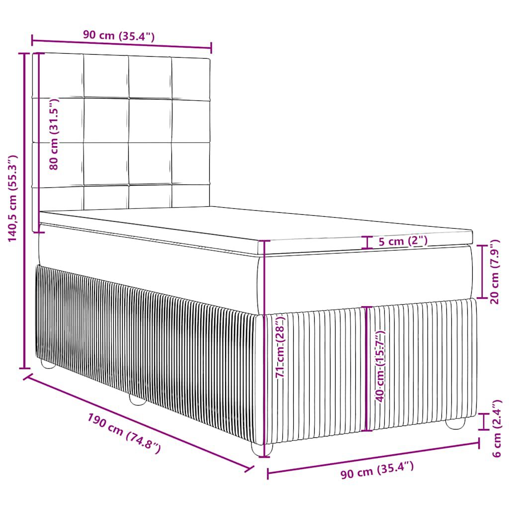 vidaXL Κρεβάτι Boxspring με Στρώμα Ροζ 90x190 εκ. Βελούδινο
