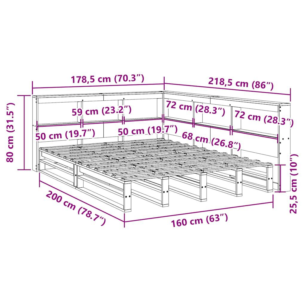 vidaXL Κρεβάτι Βιβλιοθήκη Χωρίς Στρώμα 160x200 εκ Μασίφ Ξύλο Πεύκου