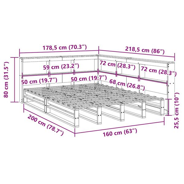 vidaXL Κρεβάτι Βιβλιοθήκη Χωρίς Στρώμα 160x200 εκ Μασίφ Ξύλο Πεύκου