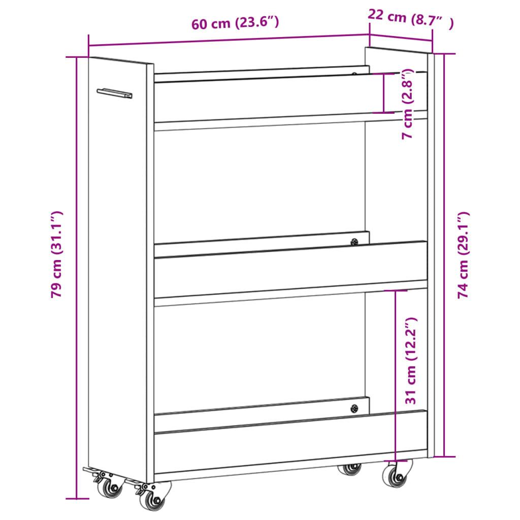 vidaXL Έπιπλο με Ρόδες Sonoma Δρυς 60x22x79 εκ. από Επεξεργασμένο Ξύλο